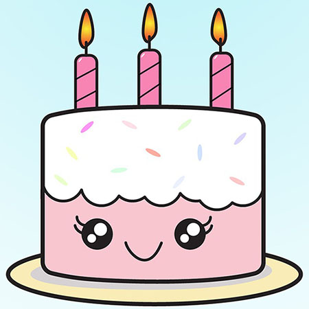 A birthday cake with lit candles and a smiling face