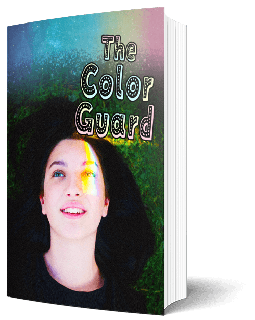 A mocked up book cover; a girl lies in the grass with a rainbow shining over one of her eyes, looking up towards a rainbow and the title: The Color Guard