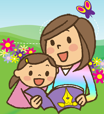 Cartoon of Mom & Daughter Reading Good Mother's Day Poems in a sunny, flower-filled park with a butterfly; the cover of the book shows the logo for Michaelina Deneka MDeneka.com